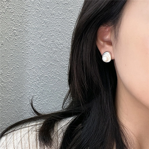 S925 Sterling Silver Irregular Metal Wave Artificial Pearl Stud Earrings For Women Elegant Gold Silver Plated Jewelry Gift