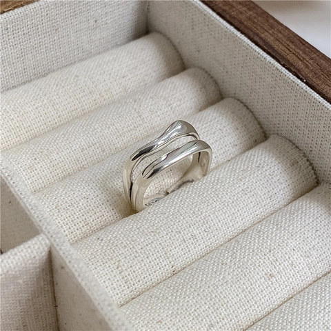 925 Sterling Silver Double Layer Square Wave Open Ring For Women Retro Ins Minimalist Adjustable Geometric Finger Ring Jewelry