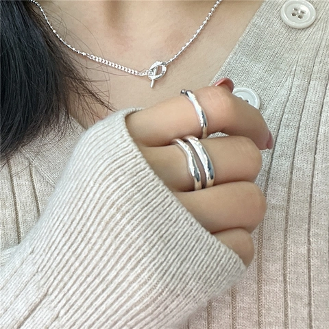 925 Sterling Silver Double Layer Square Wave Open Ring For Women Retro Ins Minimalist Adjustable Geometric Finger Ring Jewelry