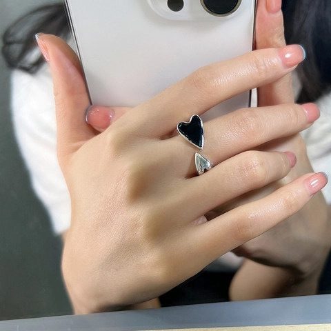 Retro 925 Sterlingsilber Schwarz Tropfglasur Doppelherz Verstellbarer Offener Ring Nischendesign Polierter Fingerring Für Damen