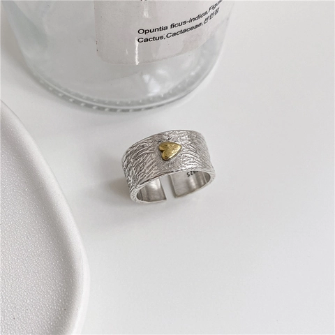 S925 Sterlingsilber Vintage Herz Ring Für Damen Zweifarbig Gold Silber Strukturiertes Band Minimalistisch Offen Verstellbarer Fingerring Schmuck Geschenk