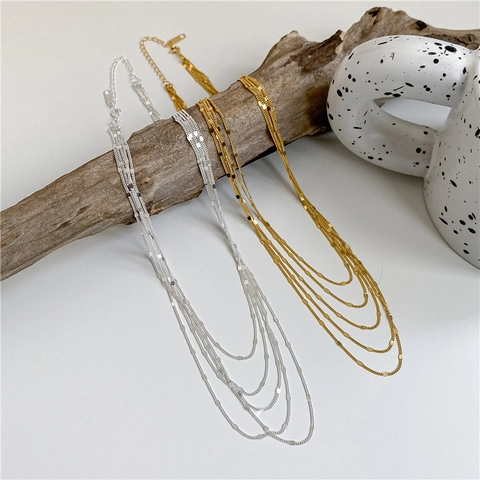 Collana Fine Multistrato Scintillante in Argento Sterling 925 Moda Vintage Lusso Leggero Catena con Paillettes Choker per Donna Gioielli Quotidiani