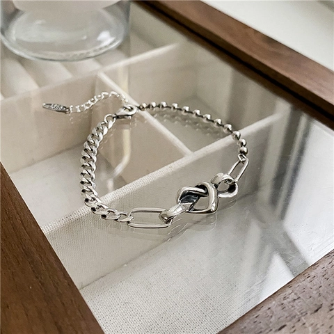 Pulsera de Nudo de Corazón de Plata de Ley 925 Retro para Mujer Cadena Asimétrica Envejecida Ajustable Joyas Estilo INS Regalo