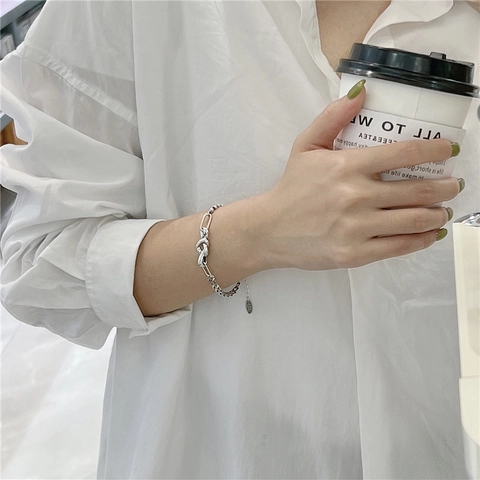 Pulsera de Nudo de Corazón de Plata de Ley 925 Retro para Mujer Cadena Asimétrica Envejecida Ajustable Joyas Estilo INS Regalo
