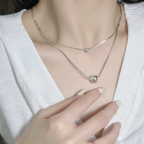 Collar de Doble Capa de Plata de Ley 925 para Mujer Colgante de Bola Redonda Pulida Cadena de Serpiente Estilo Coreano
