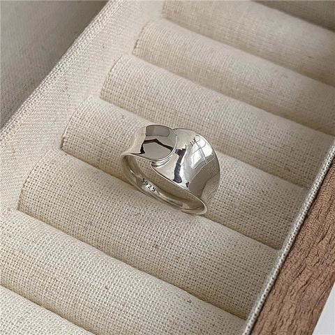 Minimalistischer S925 Sterlingsilber Offener Ring Damen Unregelmäßige Flüssigmetall-Textur Geometrisch Polierter Verstellbarer Fingerring