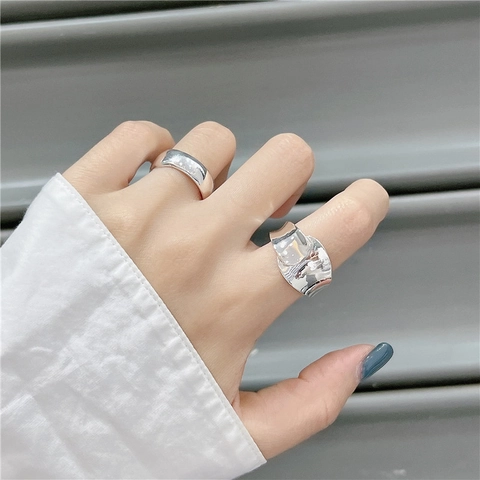 Minimalistischer S925 Sterlingsilber Offener Ring Damen Unregelmäßige Flüssigmetall-Textur Geometrisch Polierter Verstellbarer Fingerring