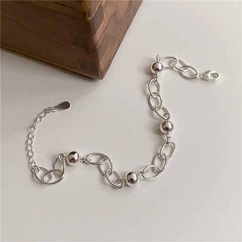 S925 Sterlingsilber Koreanischer Stil Runde Perle Gliederkette Armband Für Damen Minimalistisch Verstellbar Poliert Schmuck Geschenk