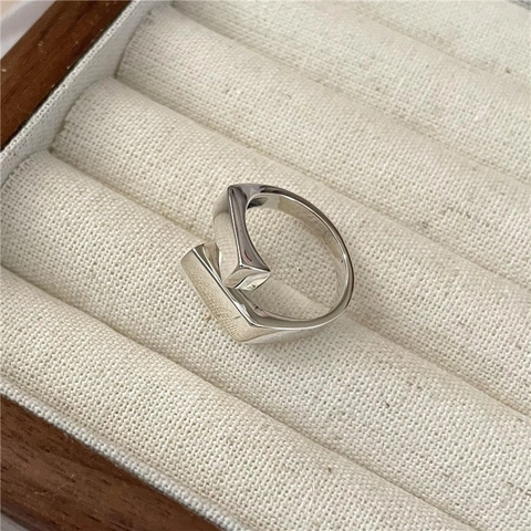 925 Sterling Silver Interleaved Geometric Block Ring For Women Minimalist Architectural Style Polished Adjustable Open Ring