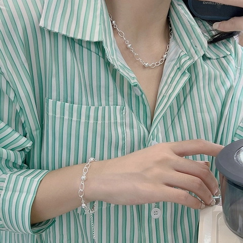 S925 Sterlingsilber Koreanischer Stil Runde Perle Gliederkette Armband Für Damen Minimalistisch Verstellbar Poliert Schmuck Geschenk