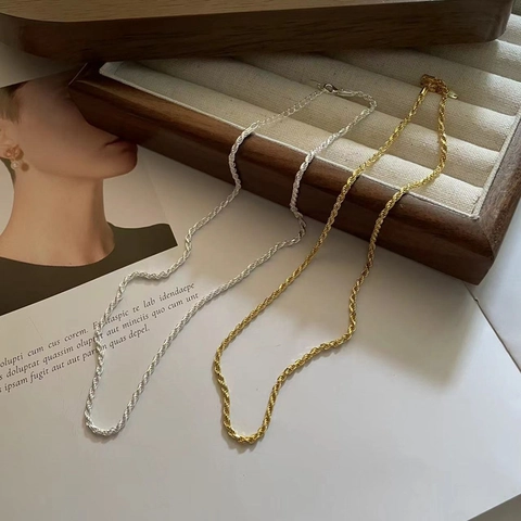 925 Sterling Silver Rope Chain Necklace For Women Korean Style Minimalist Twist Link Bone Chain Gold Silver Plated Jewelry