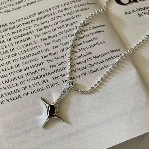 Vintage 925 Sterlingsilber Vierpunktstern Anhänger Halskette Mit Schwarzem Zirkonia Minimalistischer INS-Stil Schmuck Damen