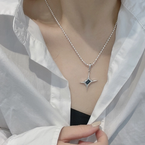Vintage 925 Sterlingsilber Vierpunktstern Anhänger Halskette Mit Schwarzem Zirkonia Minimalistischer INS-Stil Schmuck Damen