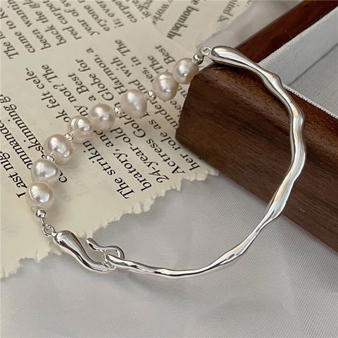 925 Sterling Silver Pearl Clasp Bracelet For Women Irregular Flowing Metal Korean Minimalist Artificial Pearl Bangle Jewelry