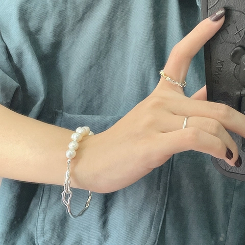 925 Sterling Silver Pearl Clasp Bracelet For Women Irregular Flowing Metal Korean Minimalist Artificial Pearl Bangle Jewelry