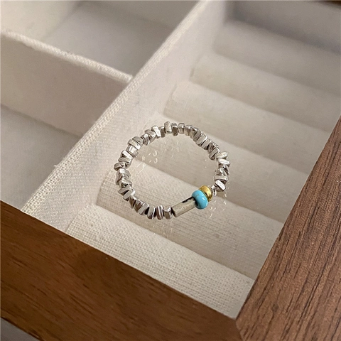 S925 Sterlingsilber Dreieckiger Perlenring Für Damen Handgefertigter Retro Koreanischer Stil Elastischer Ring Mit Türkis