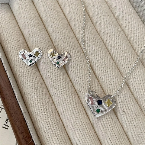 Collana Cuore in Argento Sterling 925 Zirconia Colorata Pendente Texture Martellata Orecchini Gioielli Vintage Estetici per Donna
