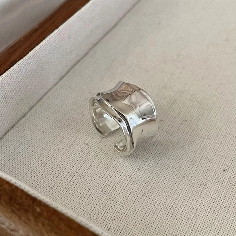 Anello Aperto Largo a Onda Irregolare in Argento Sterling S925 Per Donna Texture Metallo Liquido Vintage Anello Regolabile