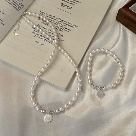 Set Collana e Bracciale in Argento Sterling S925 con Perle d'Acqua Dolce per Donna Ciondolo Rotondo Good Luck Fatto a Mano Retrò Gioielli Minimalisti