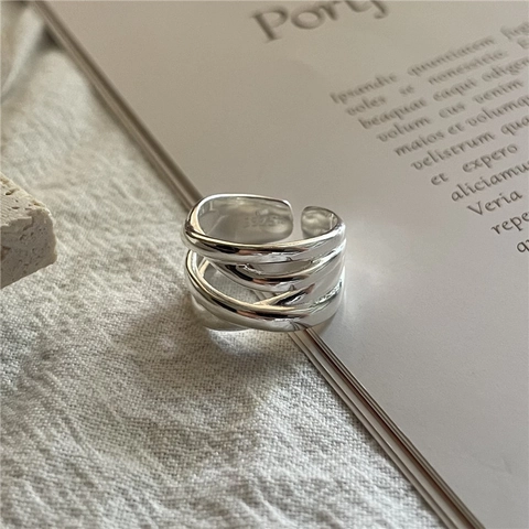 S925 Sterling Silver Multi-layer Woven Open Ring For Women Minimalist Adjustable Korean Style Retro Textured Fashion Jewelry