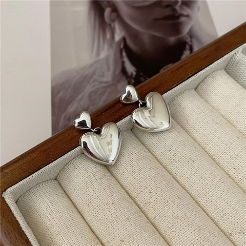 S925 Sterling Zilver Minimalistische Hart Druppel Oorbellen Voor Vrouwen Koreaanse Stijl Vintage Gepolijst Puffy Hart Hanger Oorbellen Sieraden Cadeau
