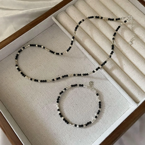 S925 Sterling Silver Black Spinel Beaded Necklace Bracelet Minimalist Geometric Korean Style Jewelry For Women Gift