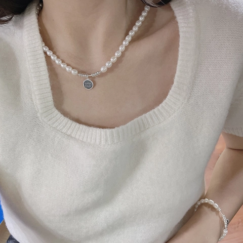 Set Collana e Bracciale in Argento Sterling S925 con Perle d'Acqua Dolce per Donna Ciondolo Rotondo Good Luck Fatto a Mano Retrò Gioielli Minimalisti