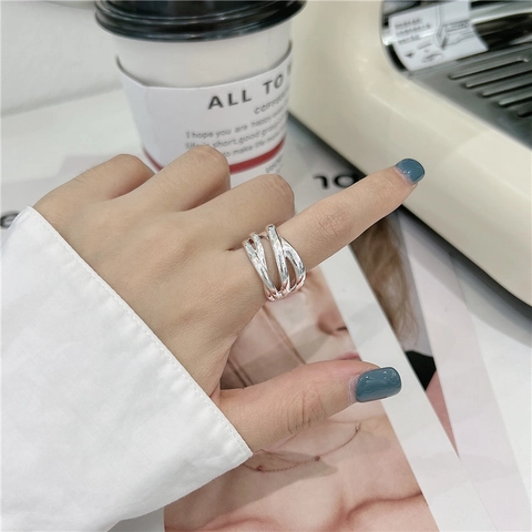 S925 Sterling Silver Multi-layer Woven Open Ring For Women Minimalist Adjustable Korean Style Retro Textured Fashion Jewelry