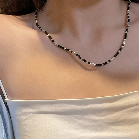 S925 Sterling Silver Black Spinel Beaded Necklace Bracelet Minimalist Geometric Korean Style Jewelry For Women Gift