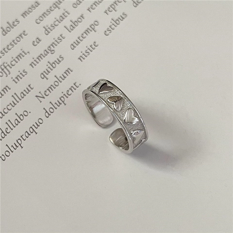 925 Sterling Silver Heart Open Ring Minimalist Adjustable Vintage White Gold Color Korean Fashion Heart Texture Jewelry Ring