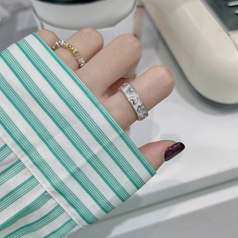 925 Sterling Silver Heart Open Ring Minimalist Adjustable Vintage White Gold Color Korean Fashion Heart Texture Jewelry Ring