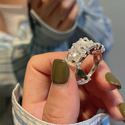 925 Sterling Silver Chain Wrap Open Ring For Women Minimalist Adjustable Wide Band Rhinestone Woven Design Vintage Fashion Ring Jewelry