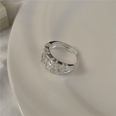 925 Sterling Silver Chain Wrap Open Ring For Women Minimalist Adjustable Wide Band Rhinestone Woven Design Vintage Fashion Ring Jewelry