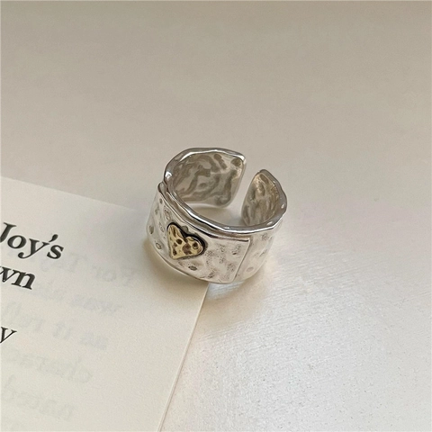 S925 Sterlingsilber Vintage Gehämmerte Textur Offener Ring Für Damen Herz Dekor Gold Silber Kontrast Verstellbar Breiter Fingerring Schmuck