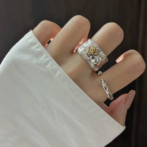 S925 Sterlingsilber Vintage Gehämmerte Textur Offener Ring Für Damen Herz Dekor Gold Silber Kontrast Verstellbar Breiter Fingerring Schmuck