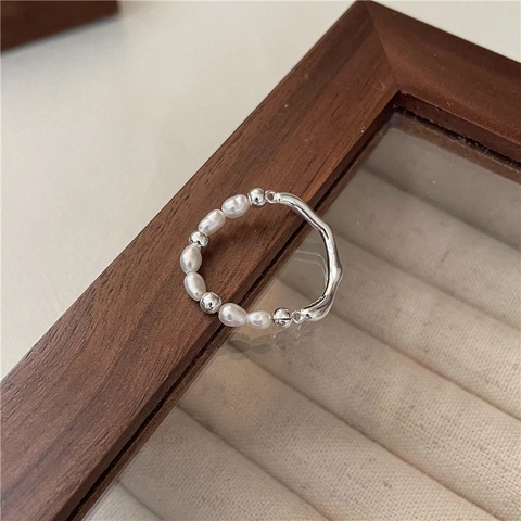 S925 Sterling Zilveren Onregelmatige Vloeibare Stroomlijn Parelring Voor Vrouwen Minimalistische Verstelbare Ring Koreaanse Stijl Sieraden