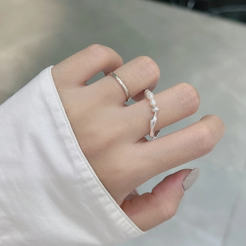 S925 Sterling Zilveren Onregelmatige Vloeibare Stroomlijn Parelring Voor Vrouwen Minimalistische Verstelbare Ring Koreaanse Stijl Sieraden