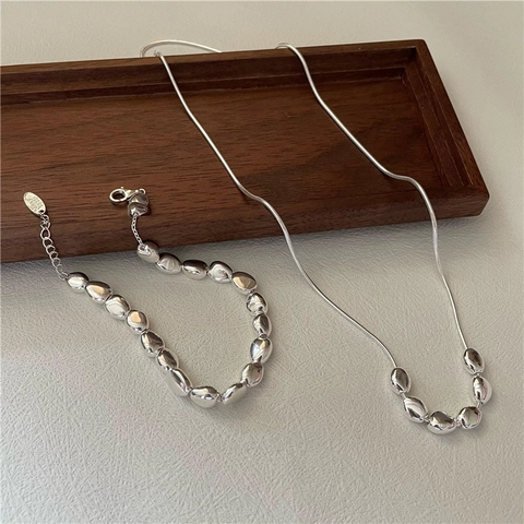 Juego de Joyas de Collar y Pulsera de Plata de Ley 925 Minimalista con Frijol Irregular para Mujer Cadena de Serpiente Moda