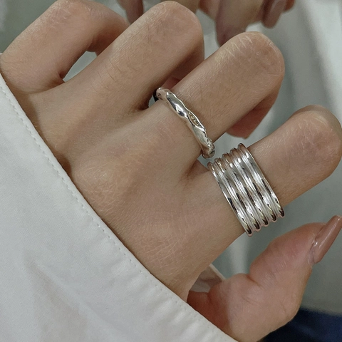 Anello Aperto Liscio Multistrato Minimalista in Argento Sterling 925 per Donna Stile Vintage Regolabile Gioielli di Moda