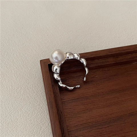 Anello Croissant in Argento Sterling 925 Con Grande Perla Artificiale Bianca Rotonda Anello Aperto Regolabile per Donna