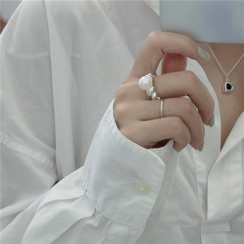 Anello Croissant in Argento Sterling 925 Con Grande Perla Artificiale Bianca Rotonda Anello Aperto Regolabile per Donna