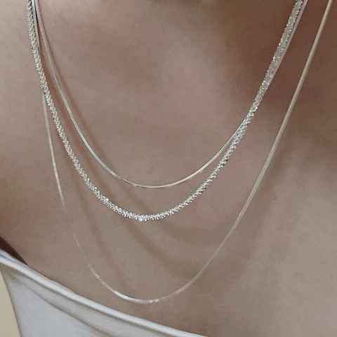925 Sterling Silver Multilayer Necklace For Women Minimalist Snake Bone Chain Polished Retro Fashion Jewelry Gift