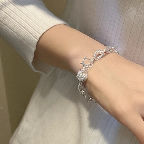 Bracelet Pendentif Cœur en Argent Sterling 925 pour Femmes Chaîne Épaisse Texture Martelée Bijoux Minimalistes Artistiques Rétro