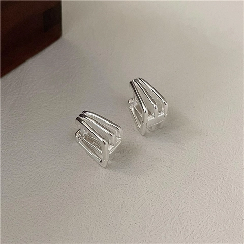 925 Sterling Silver Triple Layer Geometric Hoop Earrings Minimalist Square Multi-Row Hollow Ear Buckle For Women Jewelry
