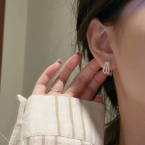 925 Sterling Silver Triple Layer Geometric Hoop Earrings Minimalist Square Multi-Row Hollow Ear Buckle For Women Jewelry
