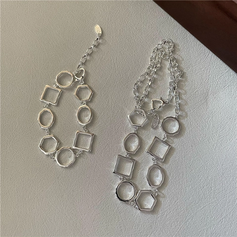 Juego de Collar y Pulsera de Plata de Ley 925 Geométrico para Mujer Minimalista Hueco Círculo Cuadrado Hexágono Joyería Retro
