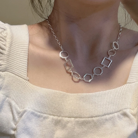 Juego de Collar y Pulsera de Plata de Ley 925 Geométrico para Mujer Minimalista Hueco Círculo Cuadrado Hexágono Joyería Retro