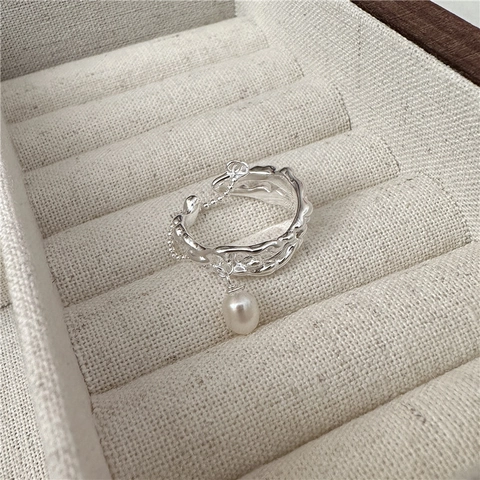 Anello Aperto in Argento Sterling S925 Con Texture Irregolare per Donna Design Vintage Francese Con Pendente a Nappa in Perla Artificiale Gioielli