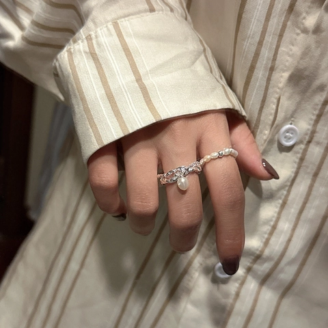 Anello Aperto in Argento Sterling S925 Con Texture Irregolare per Donna Design Vintage Francese Con Pendente a Nappa in Perla Artificiale Gioielli