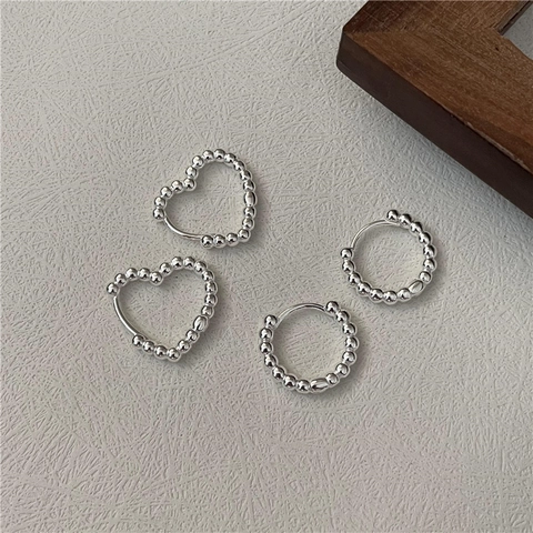 Pendientes de Aro con Cuentas de Plata de Ley 925 con Forma de Corazón y Redondos para Mujer Joyería Vintage